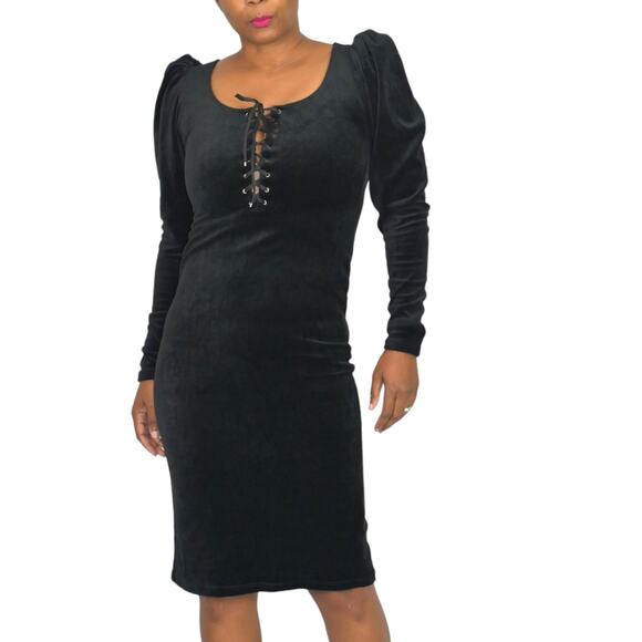 La Femme en Noir Sleepy Hollow Dress Black Wiggle Velour Bodycon Puff Sleeve XS - Picture 6 of 15